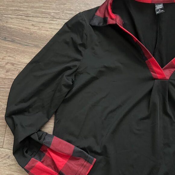 Emery Rose Black Red Plaid Collared Long Sleeve Layered Shirt Top Size XL - Picture 2 of 11